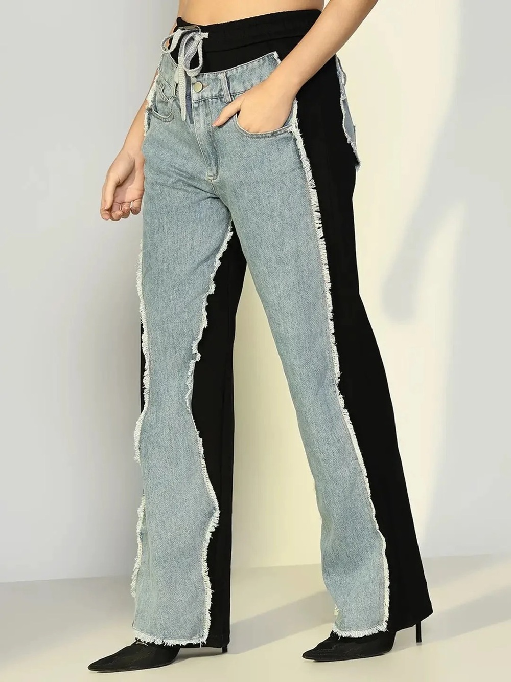 NWOT Gailta Fashion Colorblock Wide Leg Pants Denon Front Fanel Black Sweatpants